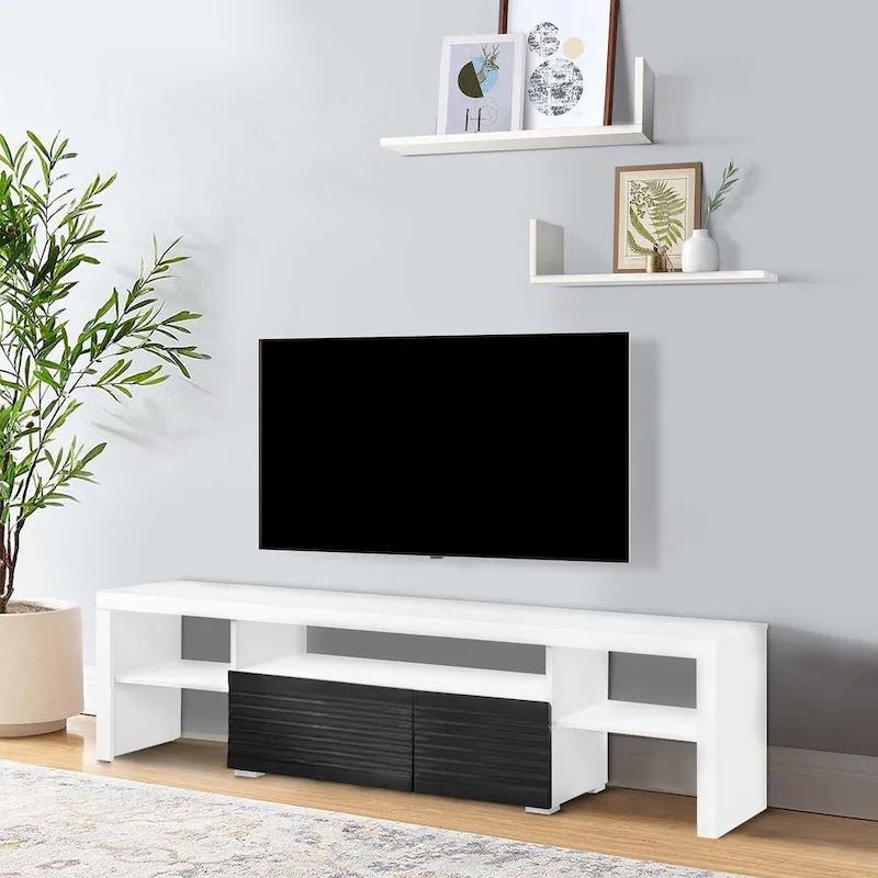 Ida 75 Inch TV Entertainment Center Console, 2 Drawers, High Gloss White