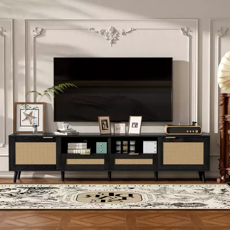 Rattan TV Stand for TVs up to 85'', Modern Farmhouse Media Console, Entertainment Center with Solid Wood Legs, for Living Room