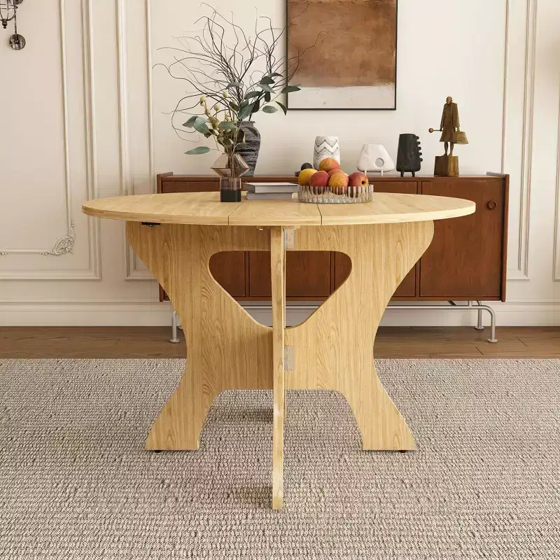 MAYEERTY Foldable Round Dining Table, Space-Saving MDF Kitchen Table with Wild Oak Veneer, Indoor-Outdoor Multi-Purpose Table