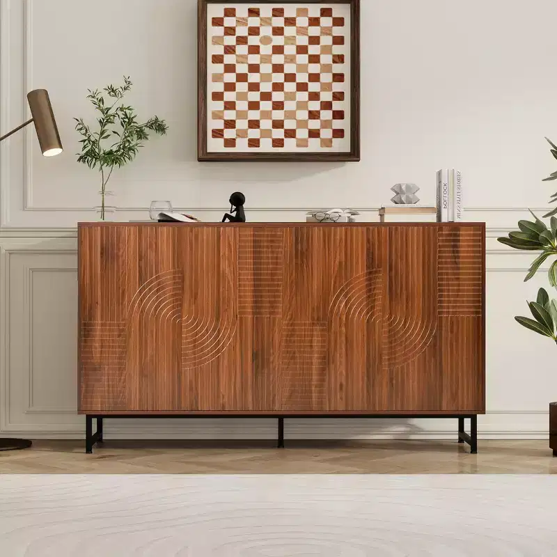 GDFStudio Pina 59'' Mid-Century Modern Wooden Storage Cabinet with 4 Doors and 8 Compartments