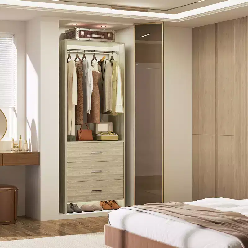 Freestanding Closet Organizer System with 3 Wooden Drawers & Hanging Rod