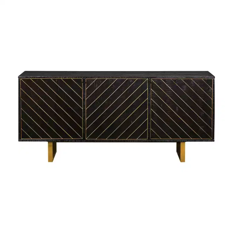 Armen Living Monaco Rectangular Sideboard Black Wood/Antiqued Brass: Mid-Century Buffet Server, 6 Shelves, 3 Doors