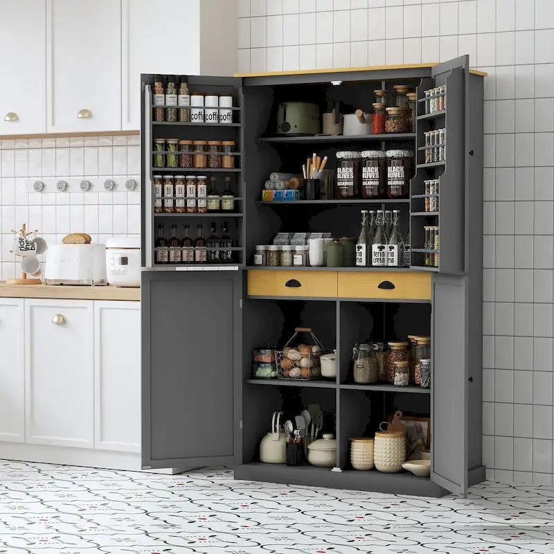 40.2x20x71.3inch High Freestanding Kitchen Pantry Cupboard Storage Cabinet with 2 Drawers,2 Adjustable Shelves,8 Door Shelves