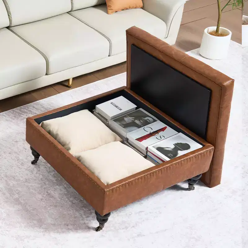 31 in Square Leather Ottoman with Storage, Upholstered Tufted Button Coffee Table Ottoman with Castered Rolling Wheels, PU Leather, Brown
