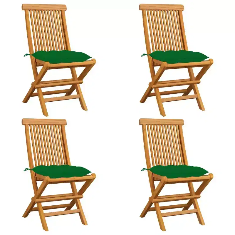 vidaXL Set of 4 Patio Chairs Made from Teak with Green Cushions, Weatherproof, Lightweight, Foldable and Easy-to-Clean Outdoor . Perfect for a Outdoor