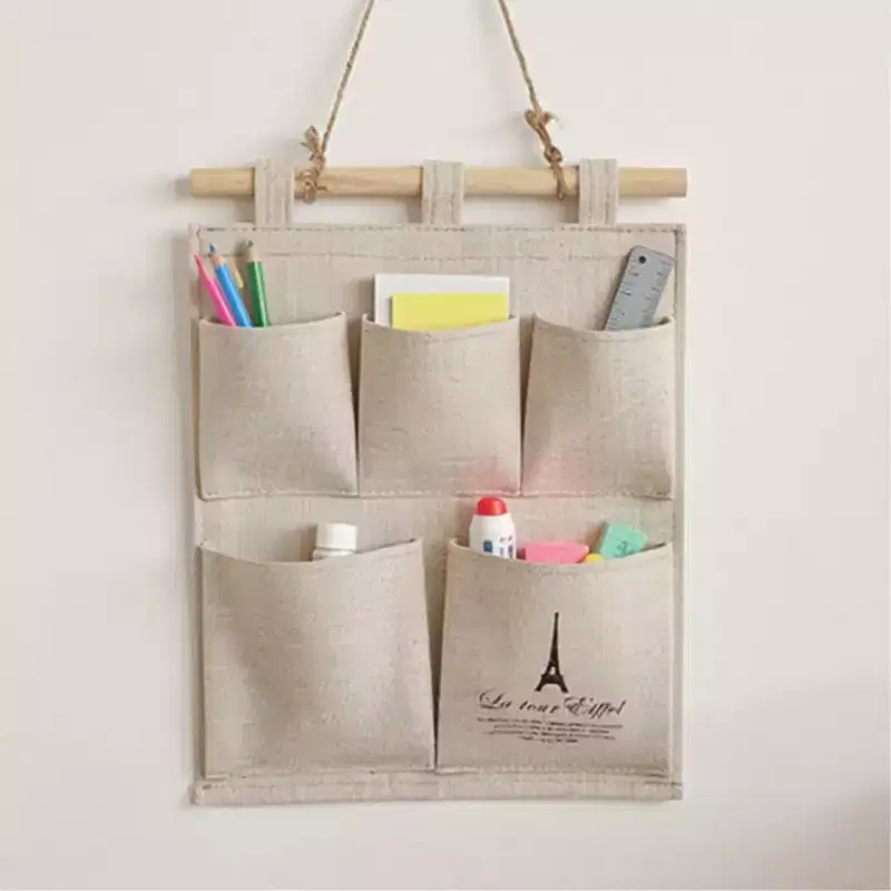 Hanging Wall Organizer with Eiffel Tower Print and Five Canvas Storage Pockets 12.5x9.5 in