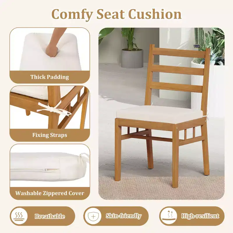 Costway Solid Acacia Wood Patio Chair Set of 2 w/ Padded Seat Cushions