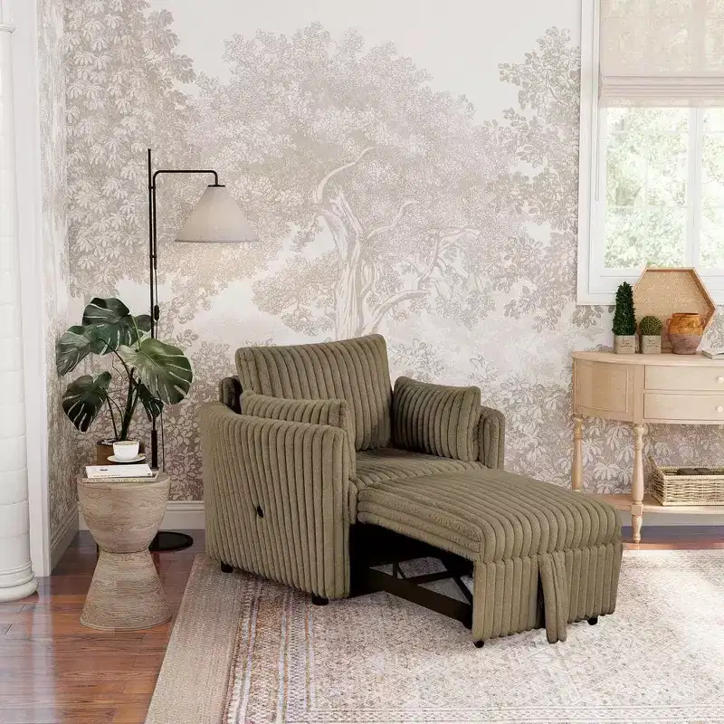 Convertible Lounge Chair with USB and 2 Pillows, Single Sofa Bed Pullout Sleeper Sofa