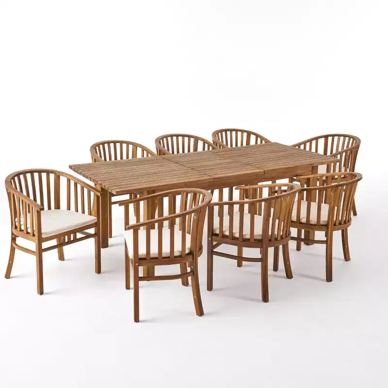 Christopher Knight Home Alondra Outdoor Acacia Wood Expandable 9 Piece Dining Set with Cushion, Teak/Cream