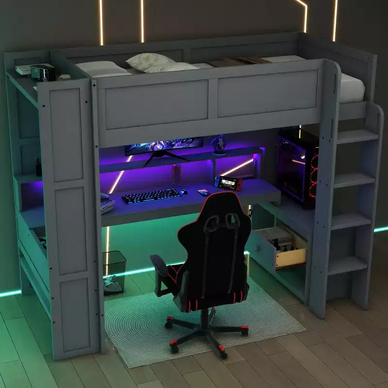 Polibi Ultimate Gaming Loft Bed with LED Desk, Charging Station & Built-in Storage