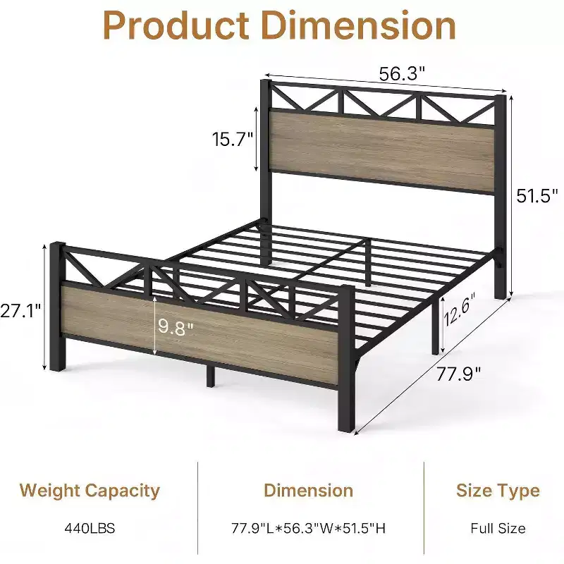 Zevemomo Full Size Heavy Duty Metal Brown Bed Frame with Headboard Footboard, Under Bed Storage, 440LBS Weight Capacity