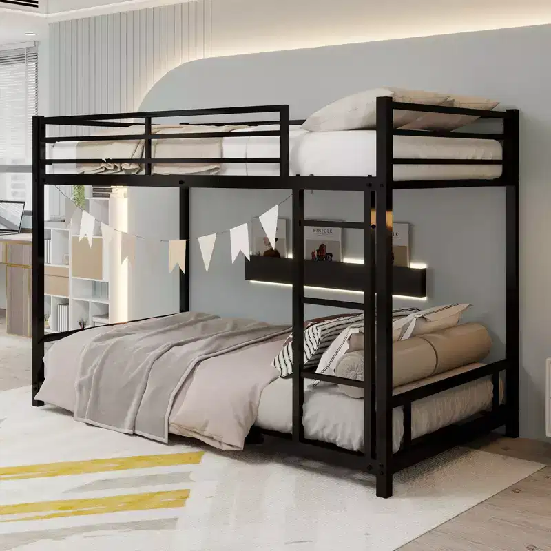 Modern Metal Bunk Bed with Safety Guardrail and Ladder Design