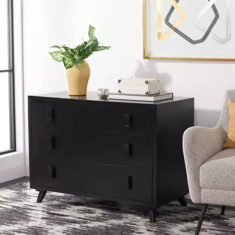 3-Drawer Chest Dresser with Tapered Legs, Taupe Finish & Black Handles