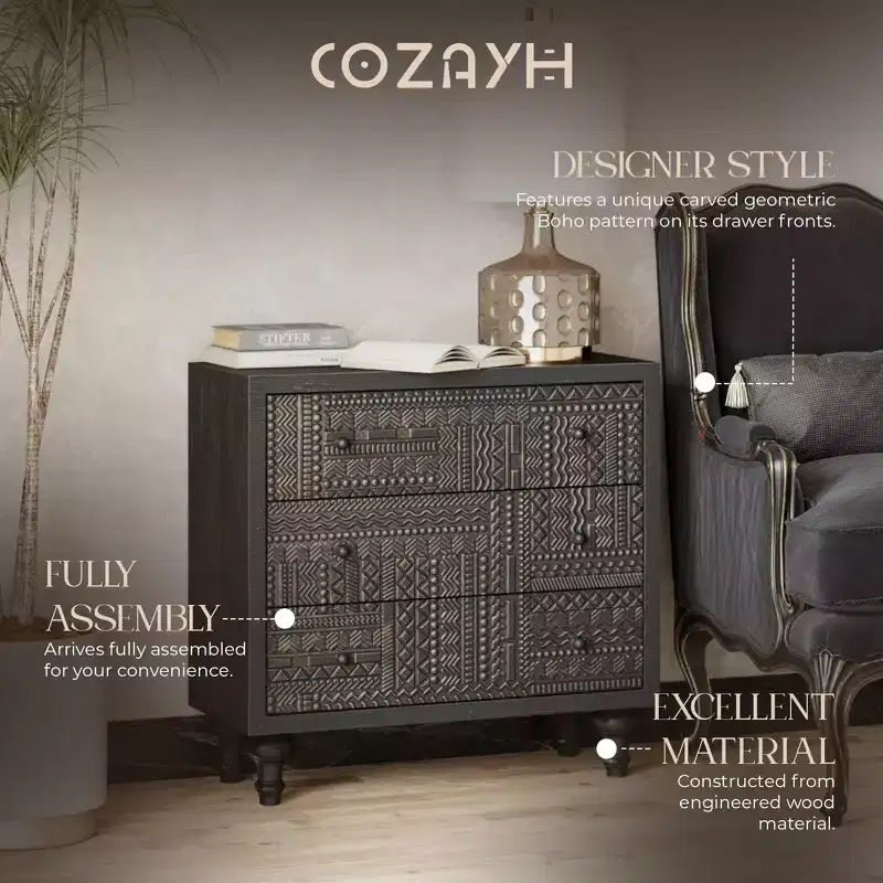 Farmhouse 3-Drawer Bedroom Dresser with Geometric Carved Pattern – Black