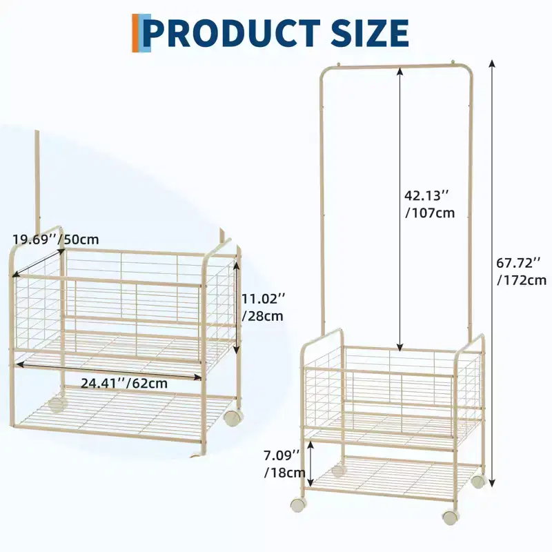 Metal Laundry Cart with Hanging Rack & Storage Shelves | 3-In-1 Rolling Hamper with Wheels