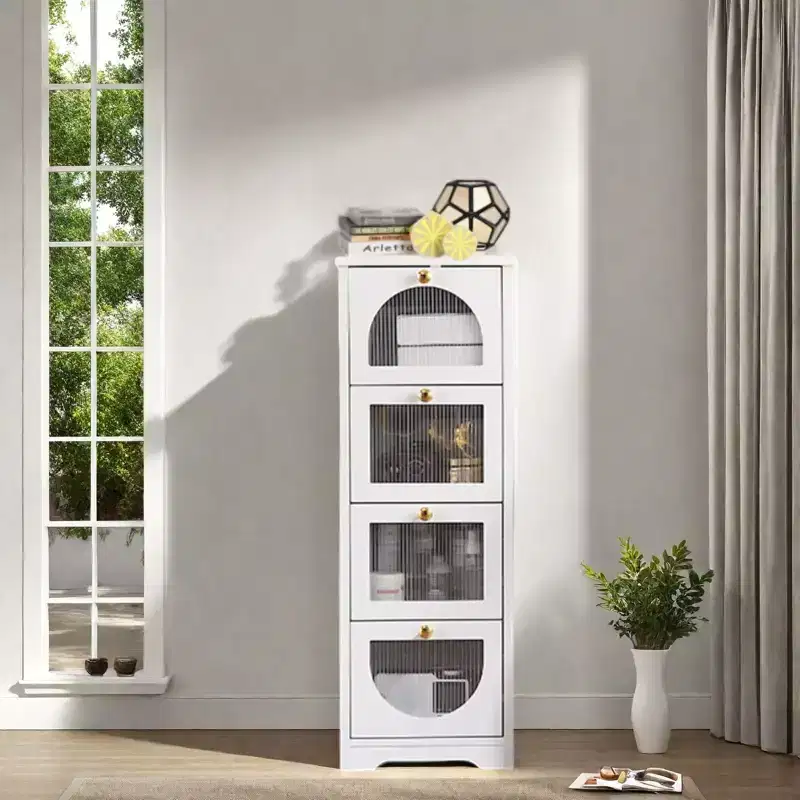 Modern Slim Bathroom Cabinet - 4 Drawer Storage with Semi See-Through Fronts, Waterproof MDF - Fits Narrow Spaces (33.1H) Easy Assembly