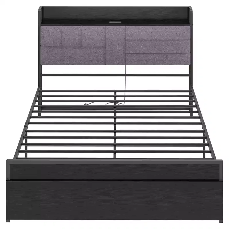 Gray upholstered headboard bed frame with storage shelves, black bed frame with charging station, no spring mattress required, king size.