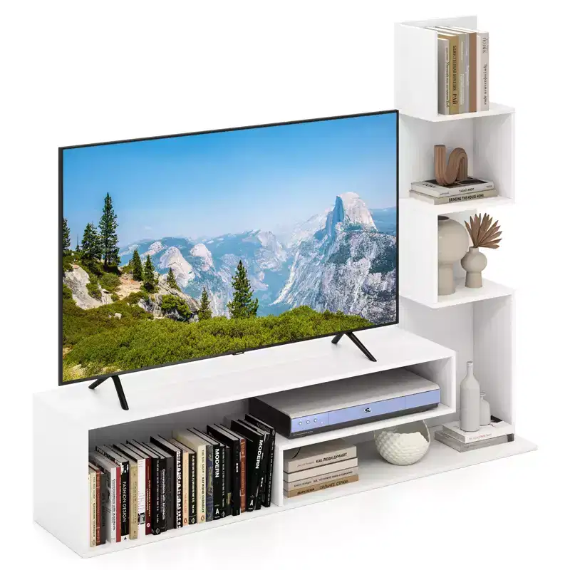 Costway Book Shelf TV Stand for 50 TV L-Shaped Entertainment Center with Storage & 3 Tier Bookshelf Wood Television Stands Modern White