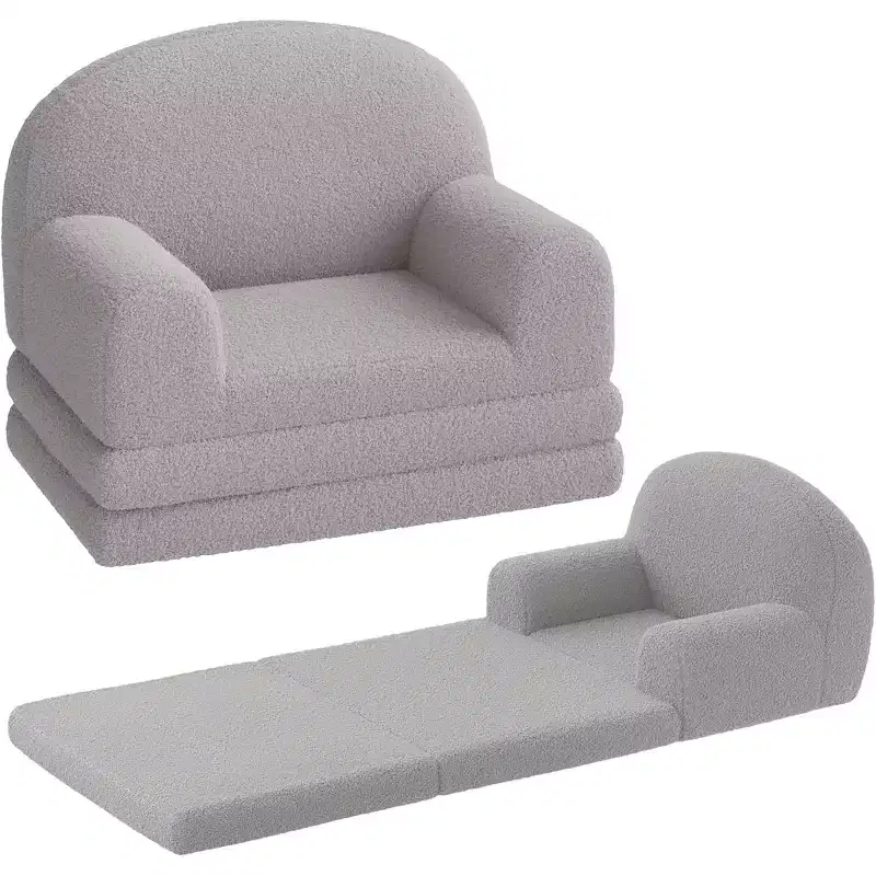 2-in-1 Kids Convertible Sofa & Lounger, Half-Moon Design Couch Bed, Fold Out Teddy Fleece Fabric Children's Sofa Bed, Machine Washable Cover