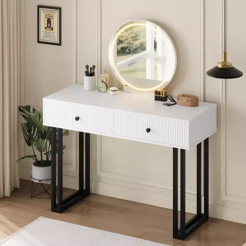 GustoWave Vanity Desk with Mirror and Lights, Small Makeup Vanity with Drawers, Modern Vanity Organizer with 3 Color Lights, Dressing Table