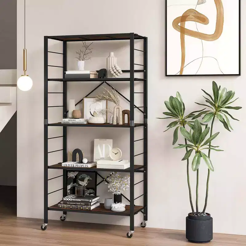 5-Tier Folding Shelf Free DIY Design Shelving Unit with 4 Universal Wheels Kitchen Black/Natural