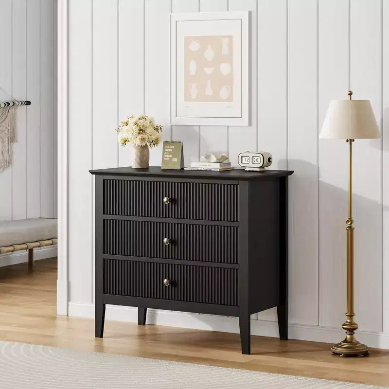 Fluted 3 Drawer Dresser, 31.5 Inch Wide Dresser Nightstand for Bedroom, Modern Wood Chest of Drawers, Large Painted Nightstand with 3 Drawers