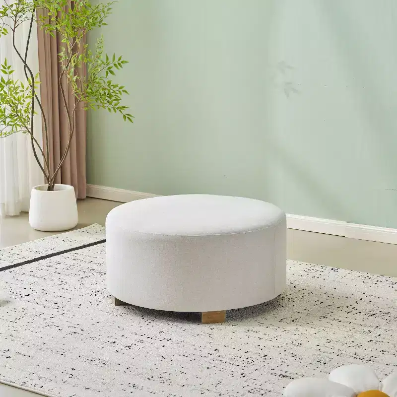 Round Upholstered Ottoman with Rubberwood Legs and Anti-Slip Pads, 30.5 Inch Diameter