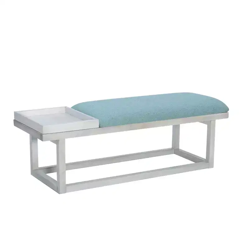 Modern Storage Upholstered Bench with Tray, White Wash & Teal