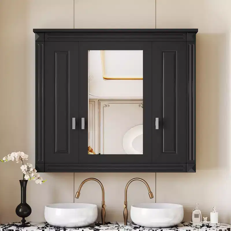 35 in. W x 28 in. H Rectangular MDF Medicine Cabinet with Mirror, Soft-Closing Hinges, 8 Shelves, Black