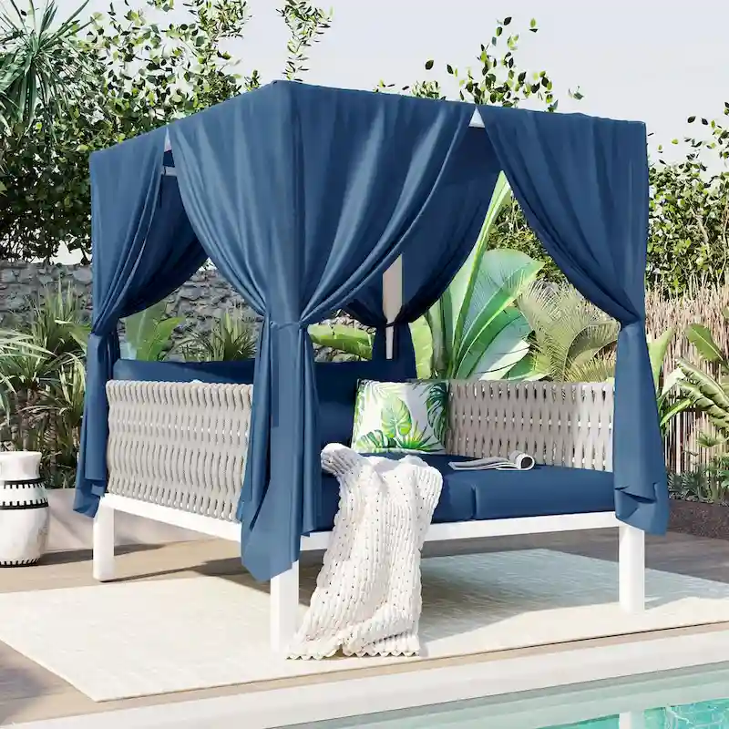 Outdoor Patio Sunbed with Curtains, High Comfort, Suitable