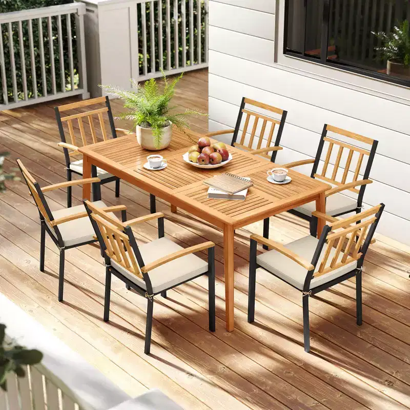 Costway 7 PCS Patio Acacia Wood Dining Set with Soft Seat Cushions Umbrella Hole Outdoor