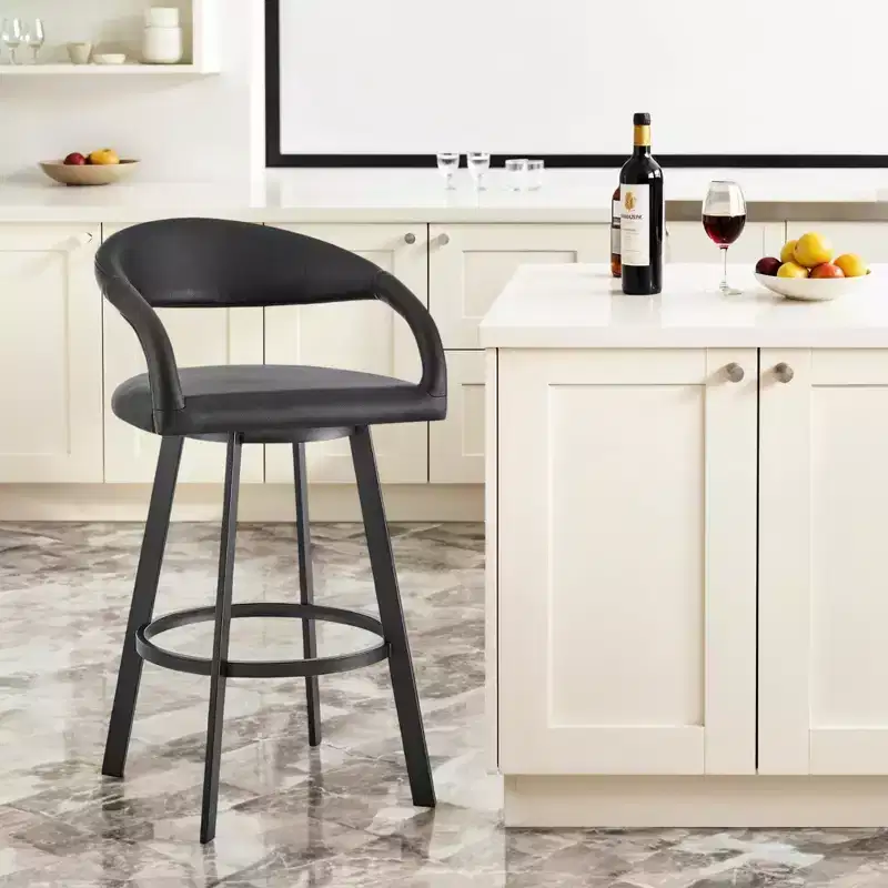 HomeRoots 30 Black Faux Leather and Iron Low Back Bar Height Swivel Bar Chair