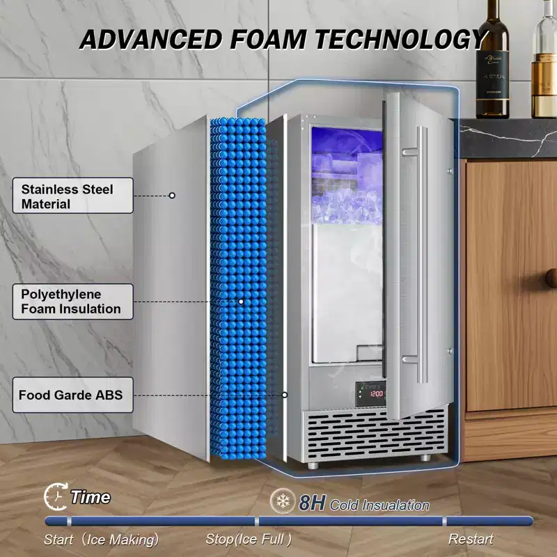Denjol Commercial Ice Maker (15-Inch, 120 lb/24H Full Cubes) - Freestanding/Built-in Design