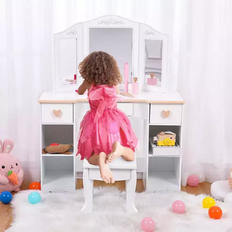 Kids Vanity Set with Mirror and Drawer - Girls' Vanity Table and Chair Set with Wood Makeup Playset, Perfect for 3-9 Yr, White