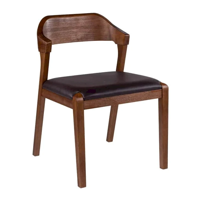 Mid-Century Dining Side Chair, Rubberwood, Faux Leather Padded Seat, Chestnut Wire-Brush Finish