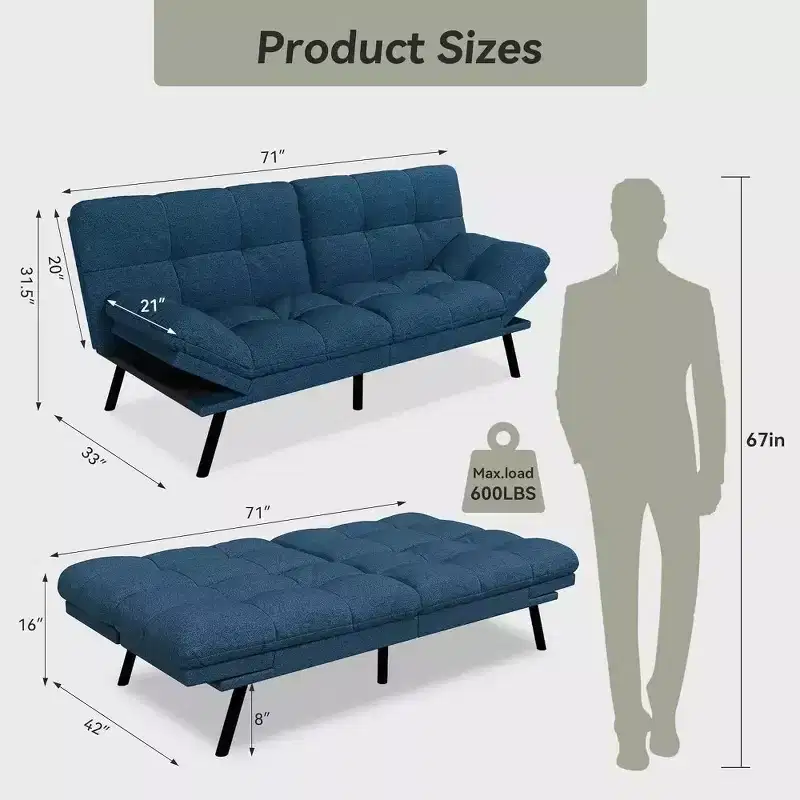 Dyonery 71 Linen Convertible Futon Sofa Bed, Memory Foam Sleeper Couch with Removable Cushions, Adjustable Backrest & Armrests for Living Room
