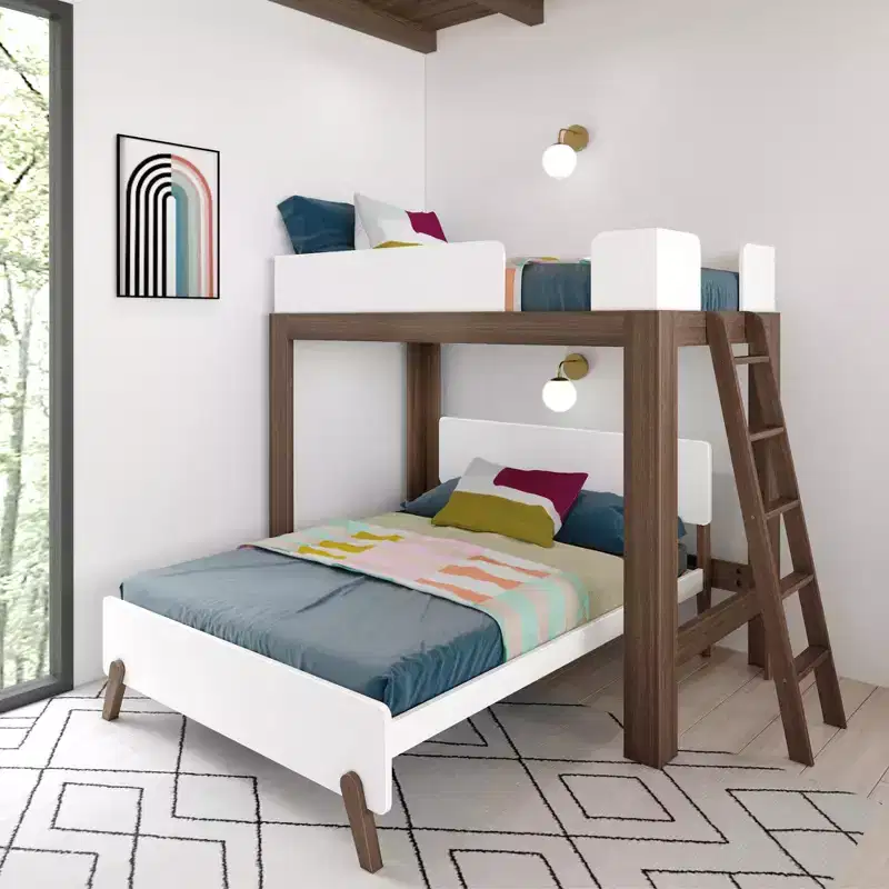 Mid-Century Modern Twin over Full L-Shaped Bunk Bed, Solid Wood