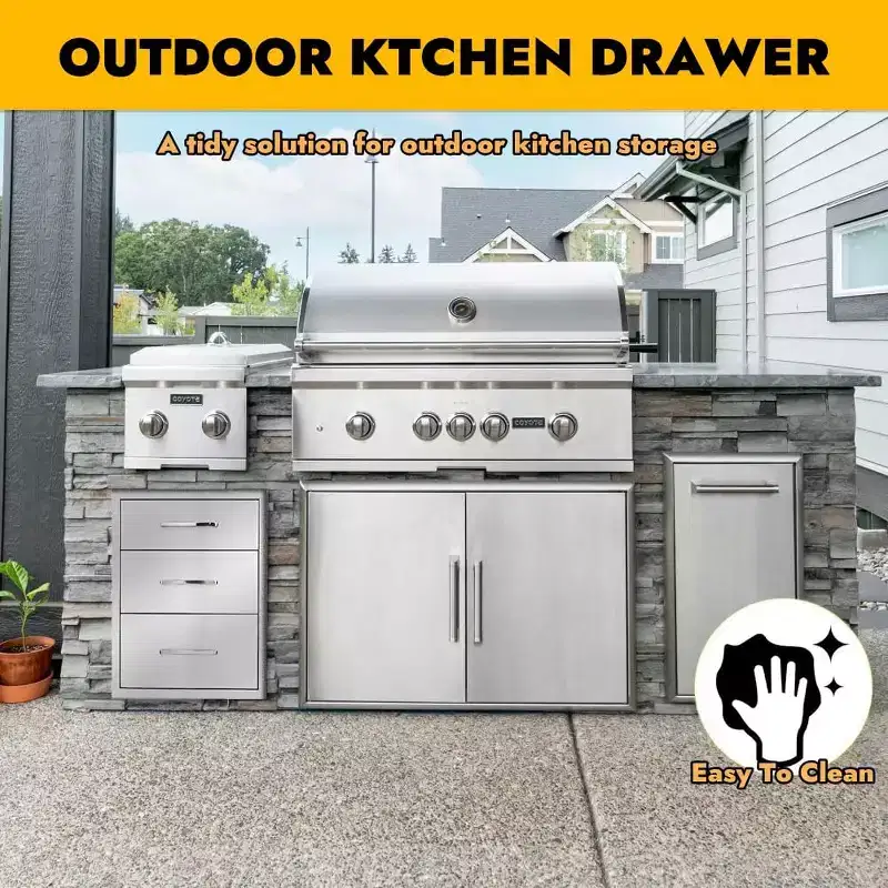 Outdoor Kitchen Drawers, Stainless Steel BBQ Drawer, Flush Mount Built-In for Outdoor Kitchen Island & BBQ Islands, Silent, Fully Assembled