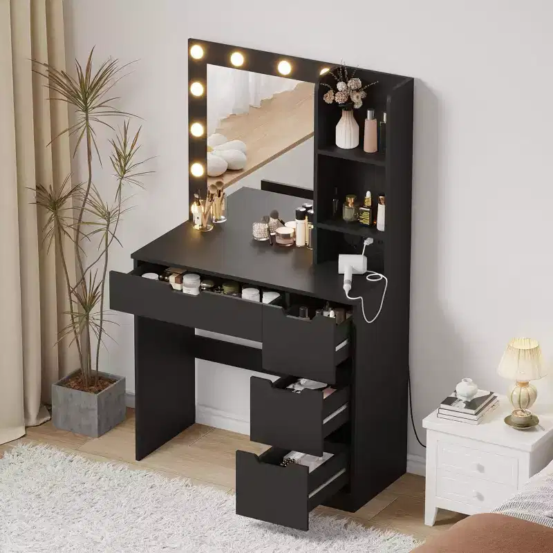 55 Tall Makeup Vanity Table, Vanity Desk with Mirror and Lights In 3 Colors, Storage Shelves and Cabinet Drawer Chest Dressing Table, for Bedroom