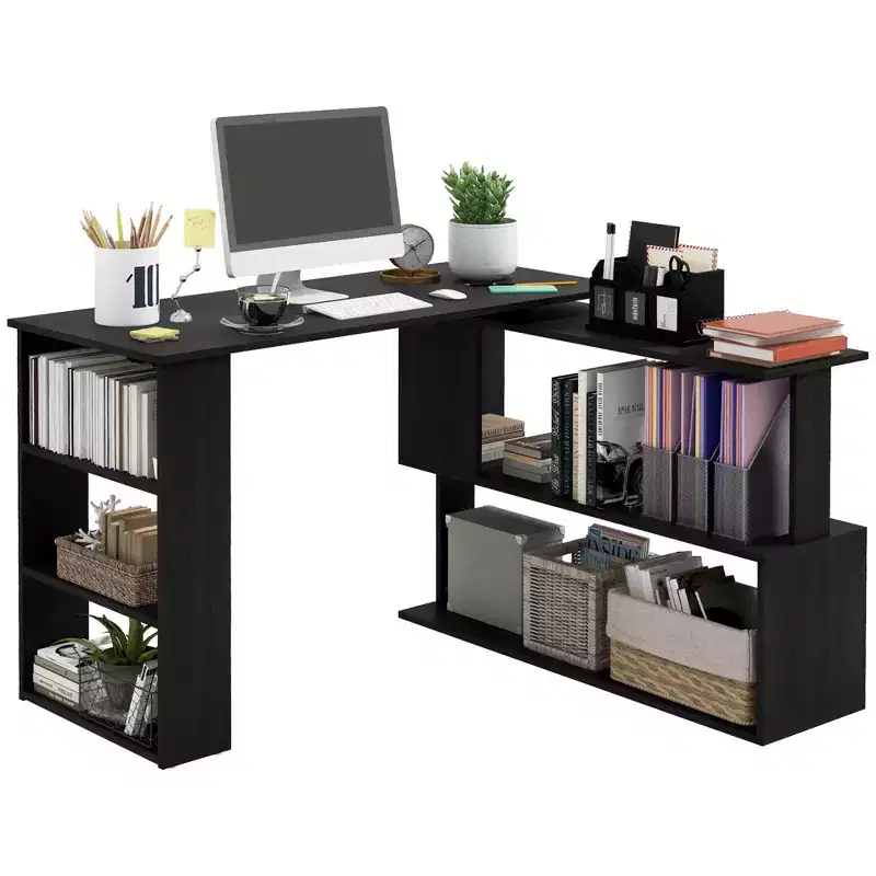 HOMCOM 360 Rotating Home Office Desk L Shaped Corner Computer Desk with Storage Shelves, Writing Table Workstation, Black