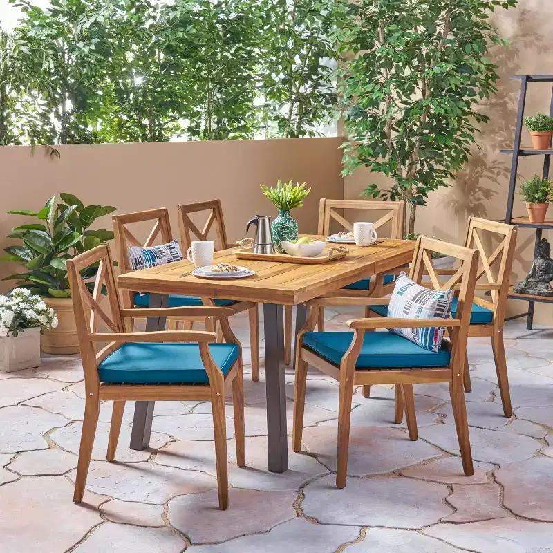 Christopher Knight Home Safire Outdoor Acacia Wood 7 Piece Dining Set with Cushion