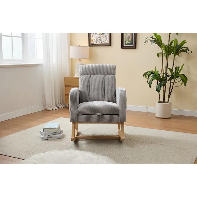 Accent Rocking Chair with Solid Wood Legs, Upholstered Nursery Glider Rocker, Comfy Armchair with Side Pocket