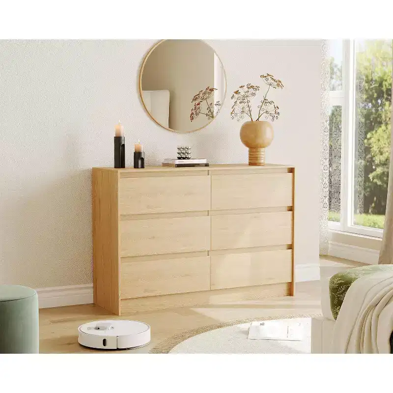 Farmhouse 6 Drawer Dresser, 47 Inch Wide Chest of Drawers with Handle-Less Design, Natural Oak Wooden Storage Cabinet for Bedroom & Living Room