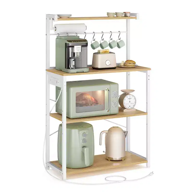 ASAGLE Kitchen Bakers Rack with Power Outlet, Coffee Bar 4-Tier with 8 S Hooks, Microwave Stand, Adjustable Shelf