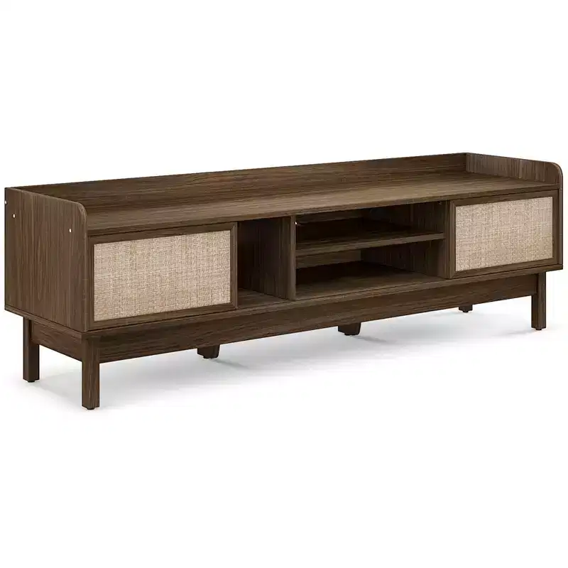 Wooden TV Stand with Storage, Adjustable Shelf & Sliding Woven Doors, Walnut