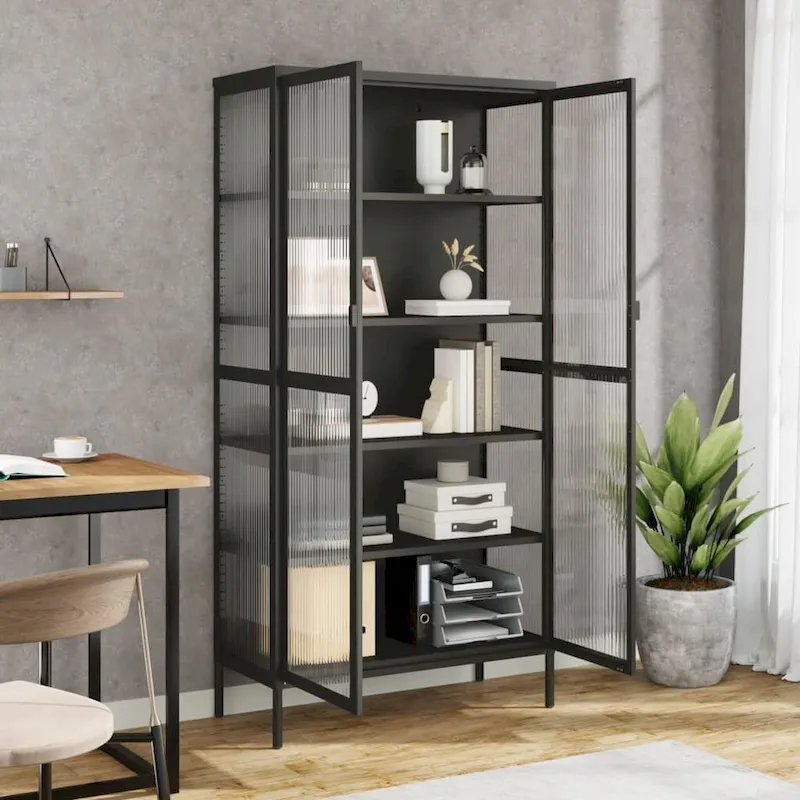 Tall Glass & Steel Highboard with Fluted Doors – 33.5x15.7x70.9, Black