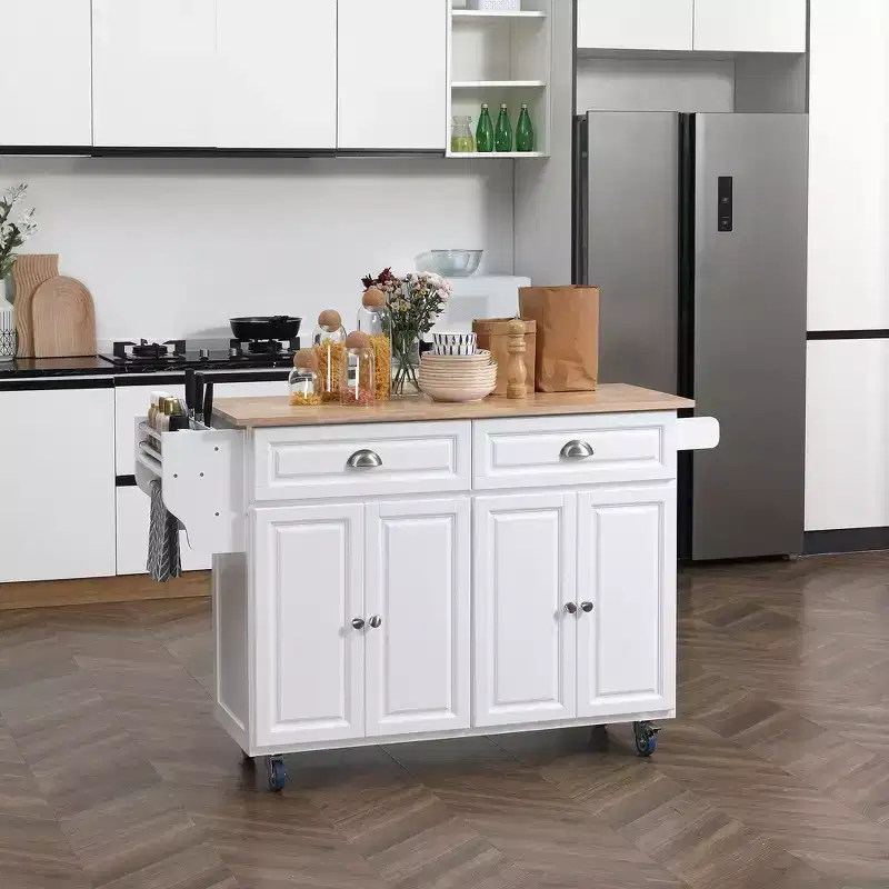 Okak Kitchen Island On Wheels with Rubberwood Top, Kitchen Cart with Drop Leaf and Storage Drawers, Kitchen Island for Dining Room, White