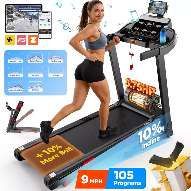 Treadmill Flash Deal - 3.75HP Folding Treadmill W/Speaker, Dual Control Modes: Console & App Control, large Display Screen,105 Programs, 9MPH, Black
