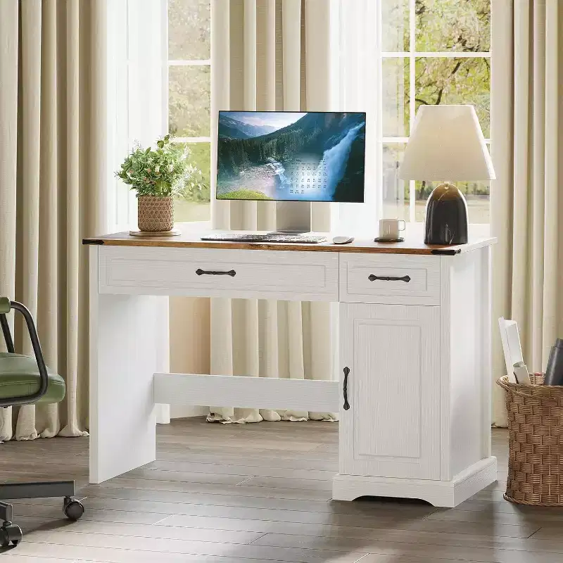 Acekool 47 Executive Farmhouse Desk with Drawers and Storage Cabinet, Rustic Home Office Computer Desk in Antique White