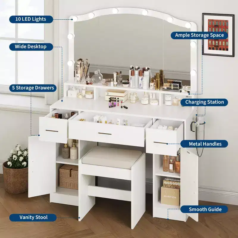 Vanity Desk with Mirror and Lights, 10 LED Lights, 3 Drawers, Power Outlet, Dressing Table